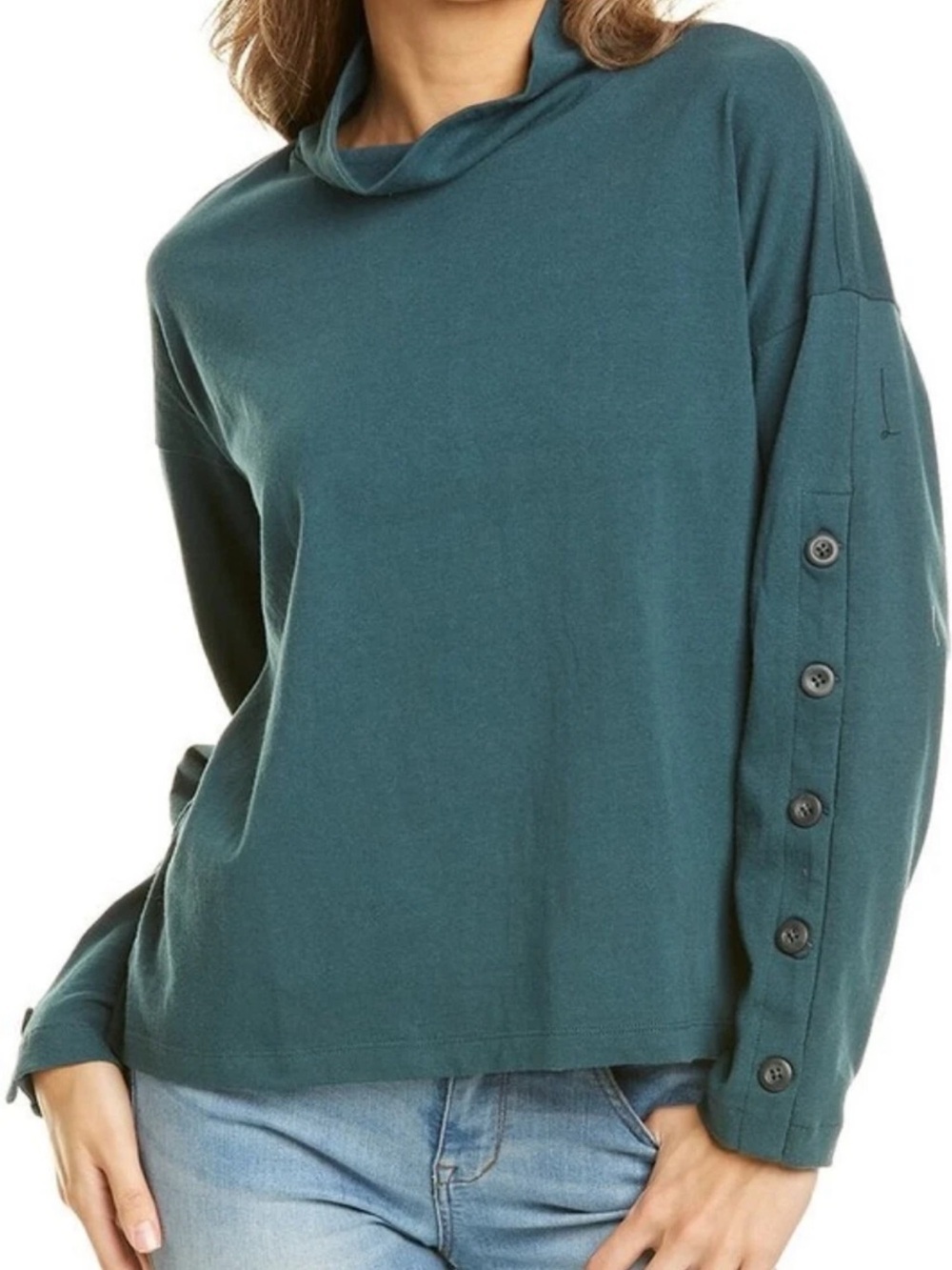 Madewell Teal Green Button-Sleeve Pullover Top Funnel Neck 100% Cotton Large